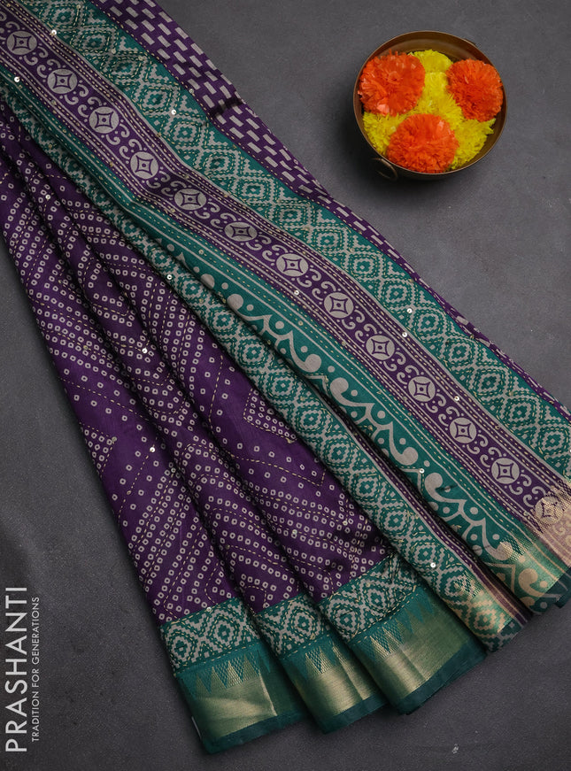 Semi tussar saree violet and teal green with allover bandhani prints & kantha stitch work and zari woven border