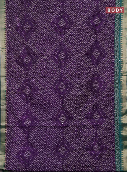 Semi tussar saree violet and teal green with allover bandhani prints & kantha stitch work and zari woven border