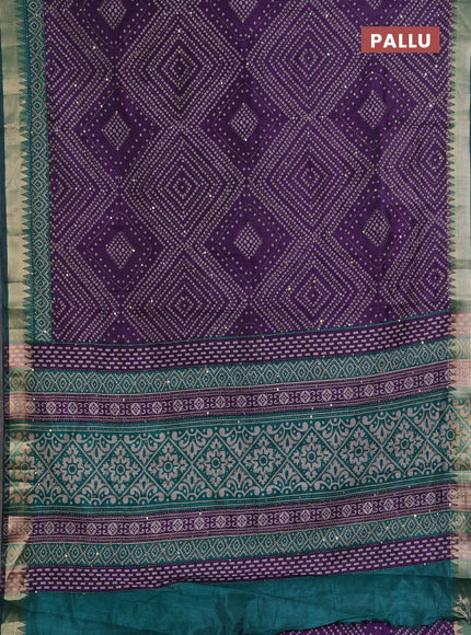 Semi tussar saree violet and teal green with allover bandhani prints & kantha stitch work and zari woven border