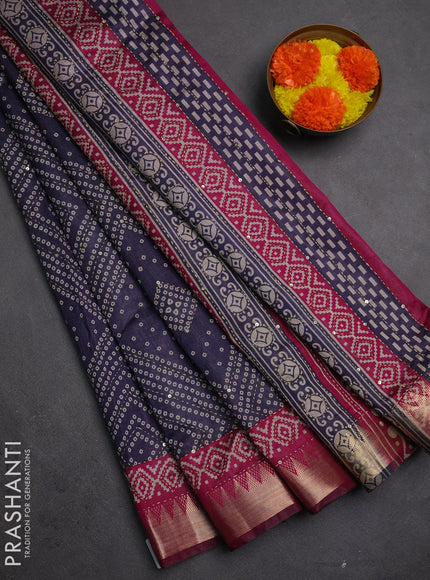 Semi tussar saree dark grey and magenta pink with allover bandhani prints & kantha stitch work and zari woven border