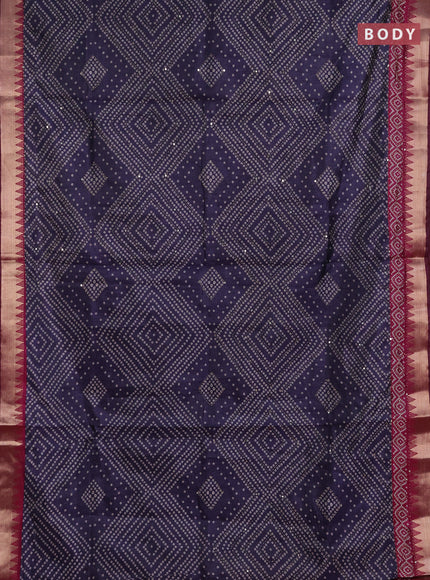 Semi tussar saree dark grey and magenta pink with allover bandhani prints & kantha stitch work and zari woven border