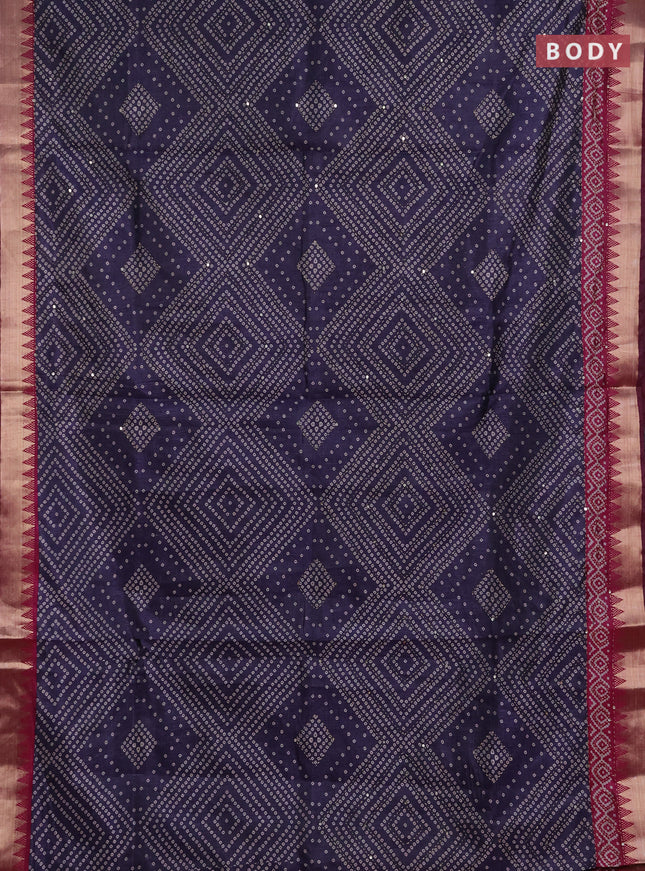 Semi tussar saree dark grey and magenta pink with allover bandhani prints & kantha stitch work and zari woven border