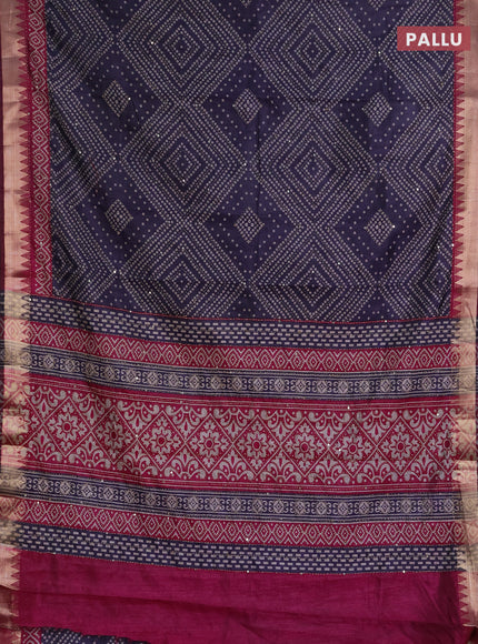 Semi tussar saree dark grey and magenta pink with allover bandhani prints & kantha stitch work and zari woven border