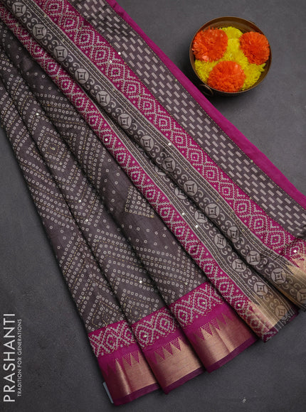 Semi tussar saree grey and purple with allover bandhani prints & kantha stitch work and zari woven border
