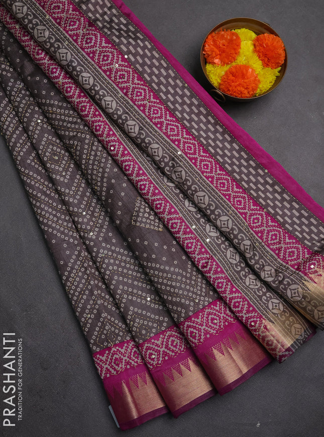 Semi tussar saree grey and purple with allover bandhani prints & kantha stitch work and zari woven border