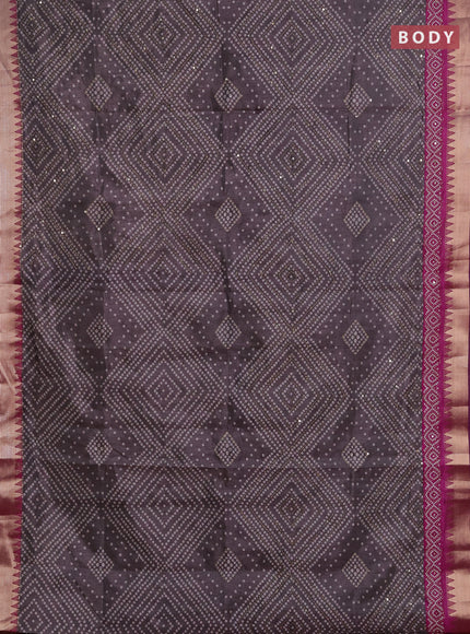 Semi tussar saree grey and purple with allover bandhani prints & kantha stitch work and zari woven border