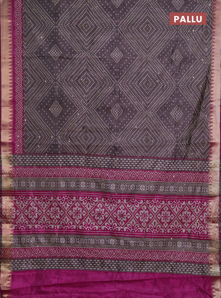 Semi tussar saree grey and purple with allover bandhani prints & kantha stitch work and zari woven border
