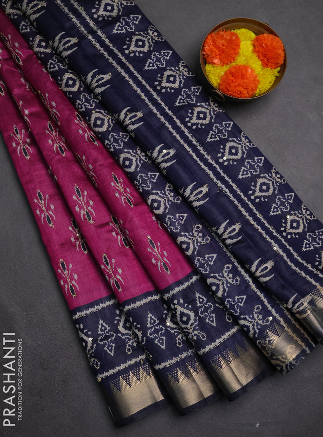 Semi tussar saree magenta pink and navy blue with allover butta prints & kantha stitch work and zari woven border