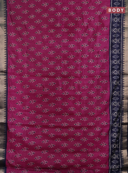 Semi tussar saree magenta pink and navy blue with allover butta prints & kantha stitch work and zari woven border
