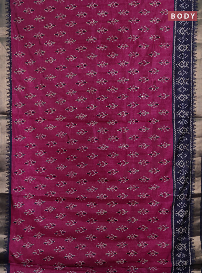 Semi tussar saree magenta pink and navy blue with allover butta prints & kantha stitch work and zari woven border