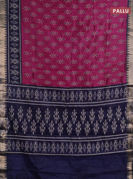 Semi tussar saree magenta pink and navy blue with allover butta prints & kantha stitch work and zari woven border