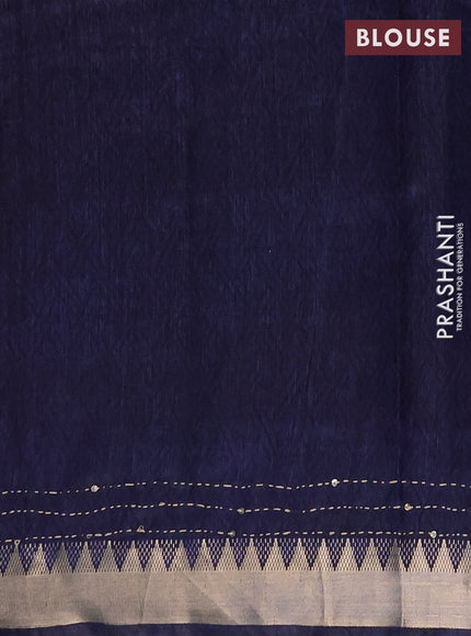 Semi tussar saree magenta pink and navy blue with allover butta prints & kantha stitch work and zari woven border