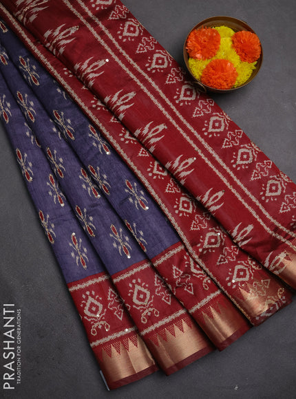 Semi tussar saree dark grey and maroon with allover butta prints & kantha stitch work and zari woven border