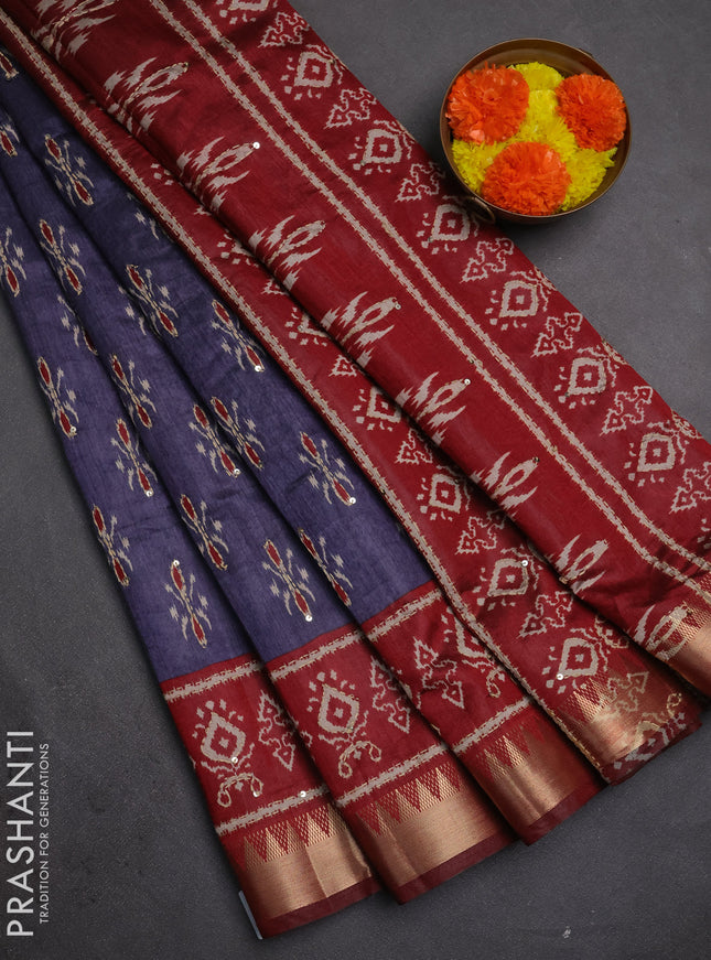 Semi tussar saree dark grey and maroon with allover butta prints & kantha stitch work and zari woven border