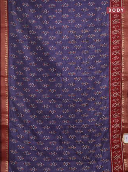 Semi tussar saree dark grey and maroon with allover butta prints & kantha stitch work and zari woven border