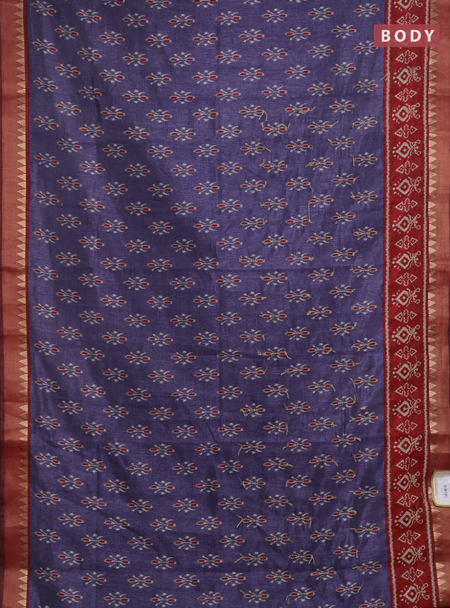 Semi tussar saree dark grey and maroon with allover butta prints & kantha stitch work and zari woven border