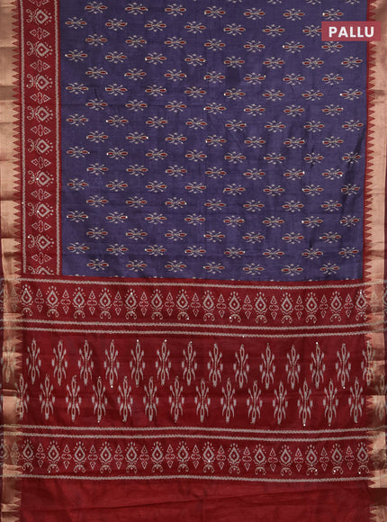 Semi tussar saree dark grey and maroon with allover butta prints & kantha stitch work and zari woven border