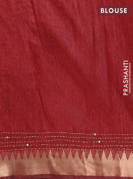 Semi tussar saree dark grey and maroon with allover butta prints & kantha stitch work and zari woven border