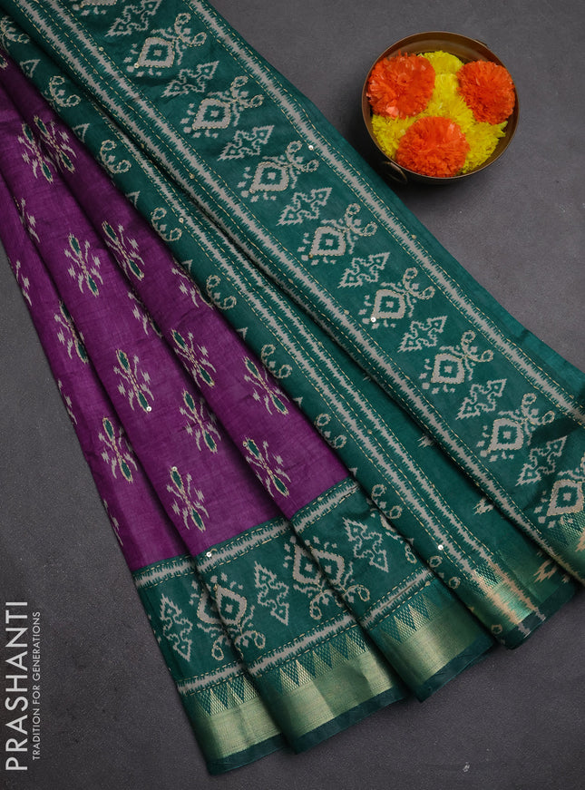 Semi tussar saree purple and teal green with allover butta prints & kantha stitch work and zari woven border