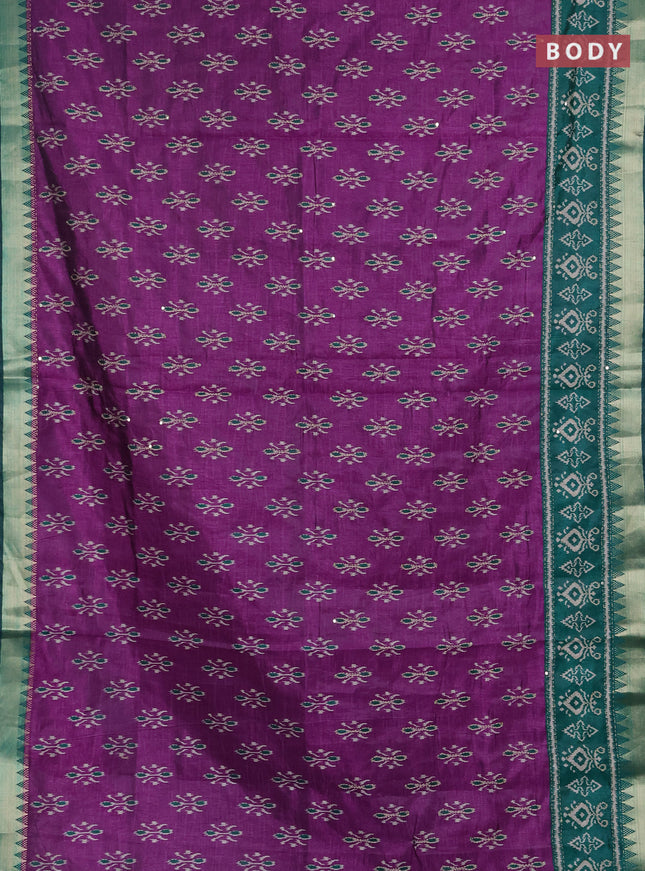 Semi tussar saree purple and teal green with allover butta prints & kantha stitch work and zari woven border
