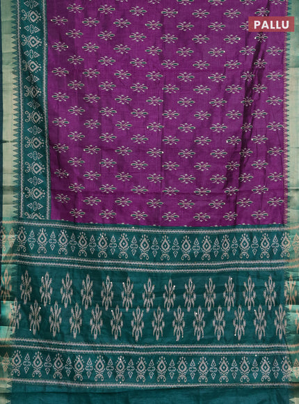 Semi tussar saree purple and teal green with allover butta prints & kantha stitch work and zari woven border