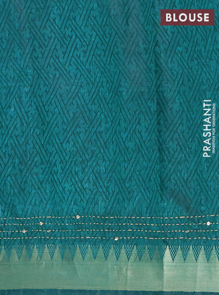 Semi tussar saree purple and teal green with allover butta prints & kantha stitch work and zari woven border