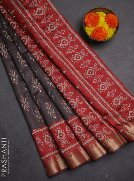 Semi tussar saree greyish brown and maroon with allover butta prints & kantha stitch work and zari woven border