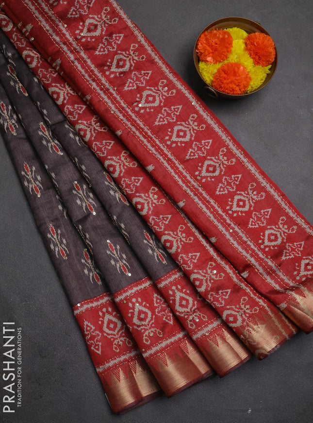 Semi tussar saree greyish brown and maroon with allover butta prints & kantha stitch work and zari woven border