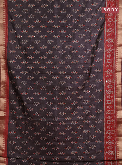 Semi tussar saree greyish brown and maroon with allover butta prints & kantha stitch work and zari woven border