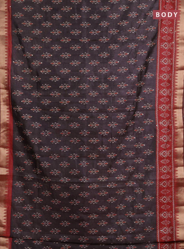 Semi tussar saree greyish brown and maroon with allover butta prints & kantha stitch work and zari woven border