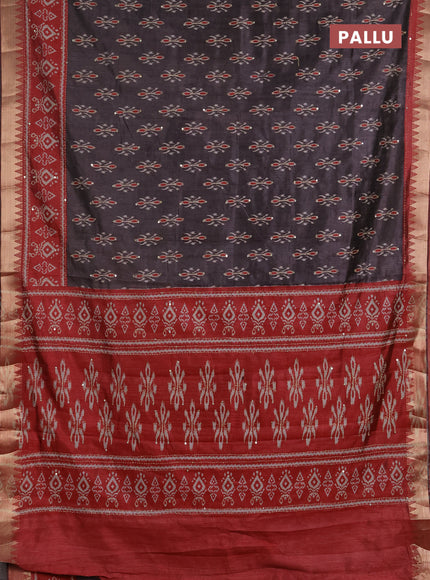 Semi tussar saree greyish brown and maroon with allover butta prints & kantha stitch work and zari woven border
