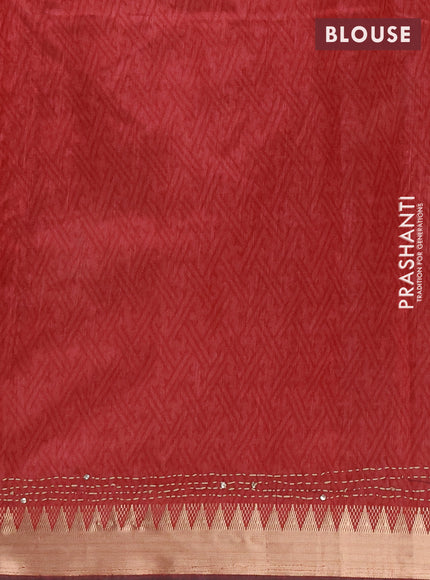 Semi tussar saree greyish brown and maroon with allover butta prints & kantha stitch work and zari woven border