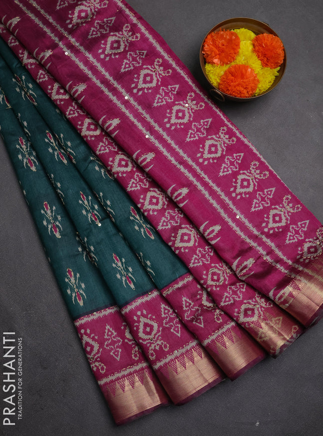 Semi tussar saree peacock green and magenta pink with allover butta prints & kantha stitch work and zari woven border