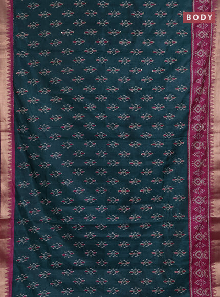 Semi tussar saree peacock green and magenta pink with allover butta prints & kantha stitch work and zari woven border