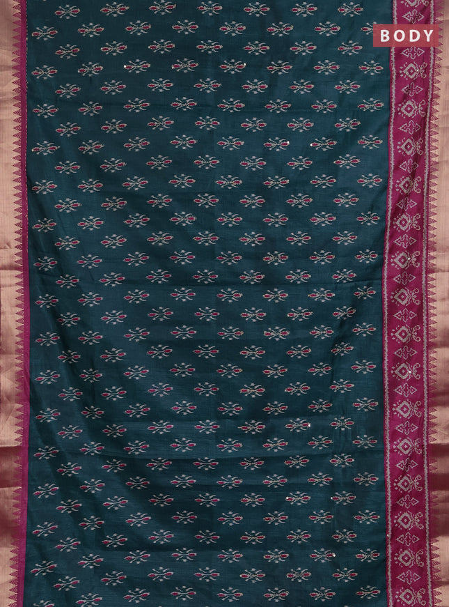 Semi tussar saree peacock green and magenta pink with allover butta prints & kantha stitch work and zari woven border