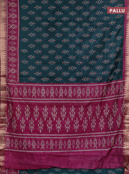 Semi tussar saree peacock green and magenta pink with allover butta prints & kantha stitch work and zari woven border