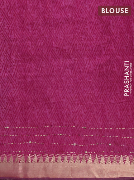 Semi tussar saree peacock green and magenta pink with allover butta prints & kantha stitch work and zari woven border