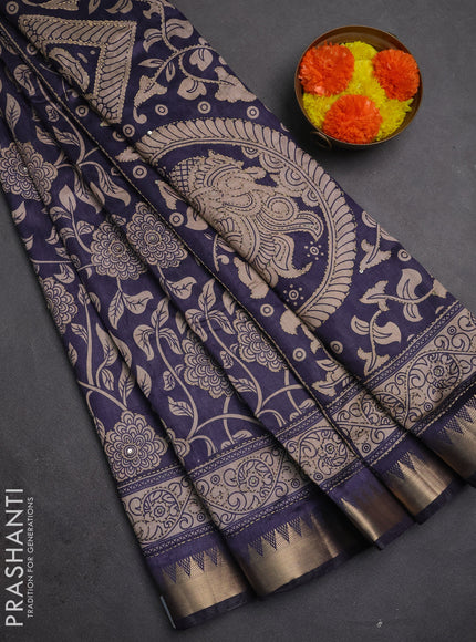 Semi tussar saree dark grey and beige with allover prints & kantha stitch work and zari woven border