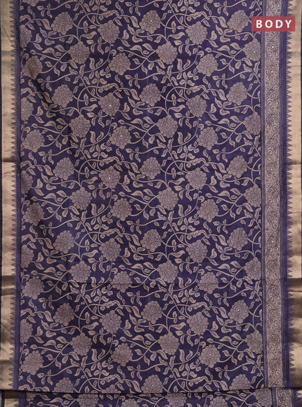 Semi tussar saree dark grey and beige with allover prints & kantha stitch work and zari woven border