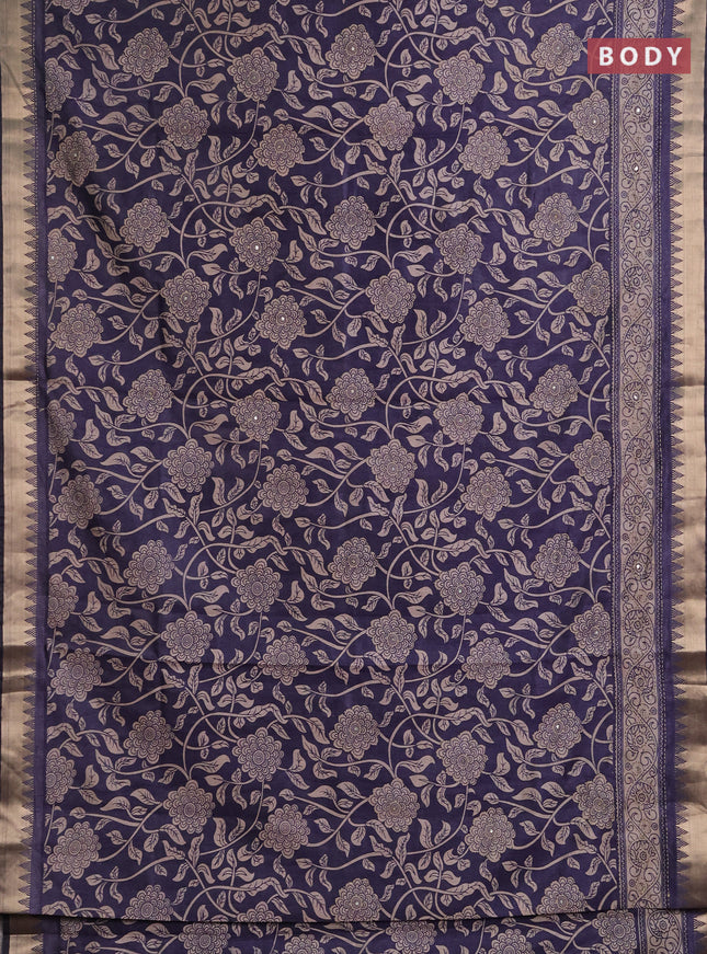 Semi tussar saree dark grey and beige with allover prints & kantha stitch work and zari woven border