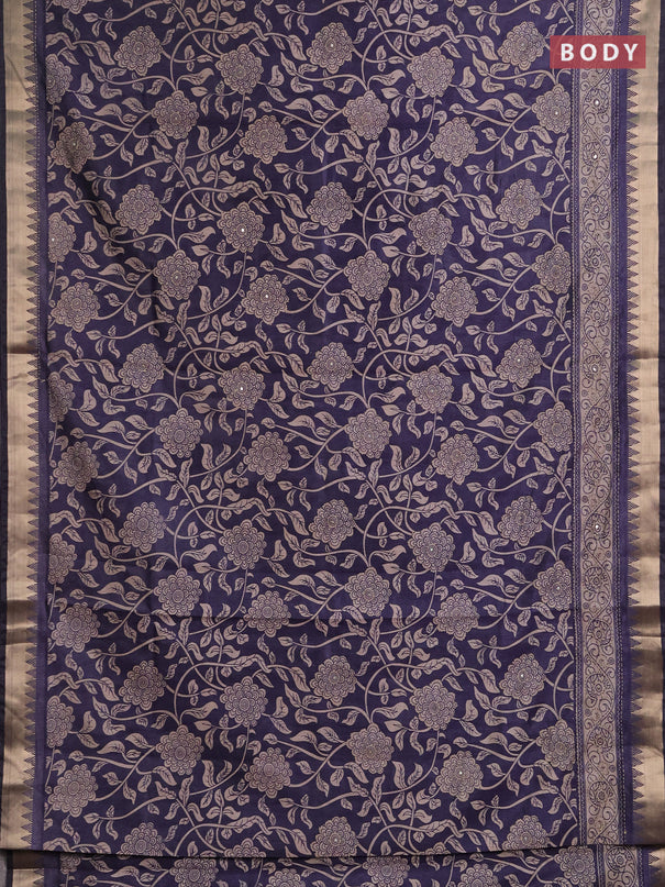 Semi tussar saree dark grey and beige with allover prints & kantha stitch work and zari woven border