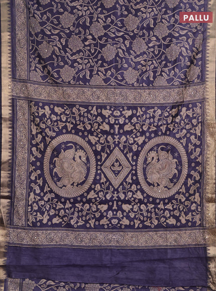 Semi tussar saree dark grey and beige with allover prints & kantha stitch work and zari woven border