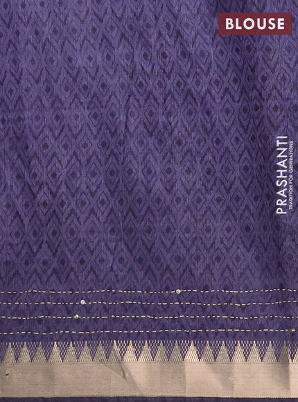 Semi tussar saree dark grey and beige with allover prints & kantha stitch work and zari woven border