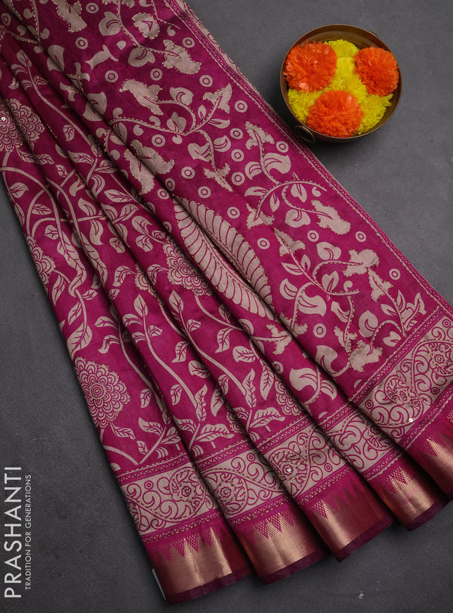 Semi tussar saree magenta pink with allover prints & kantha stitch work and zari woven border