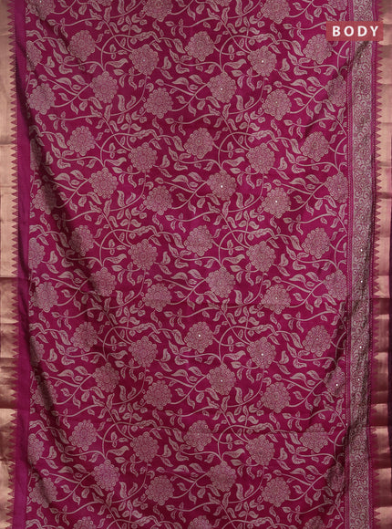 Semi tussar saree magenta pink with allover prints & kantha stitch work and zari woven border