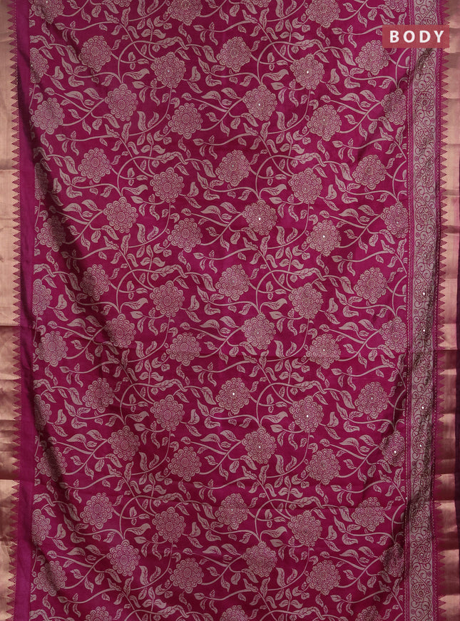 Semi tussar saree magenta pink with allover prints & kantha stitch work and zari woven border