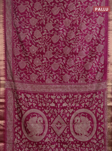 Semi tussar saree magenta pink with allover prints & kantha stitch work and zari woven border
