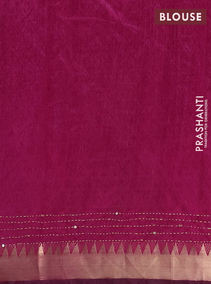 Semi tussar saree magenta pink with allover prints & kantha stitch work and zari woven border