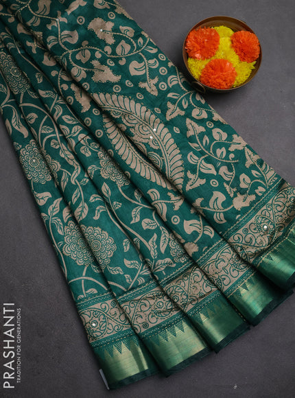 Semi tussar saree teal green with allover prints & kantha stitch work and zari woven border