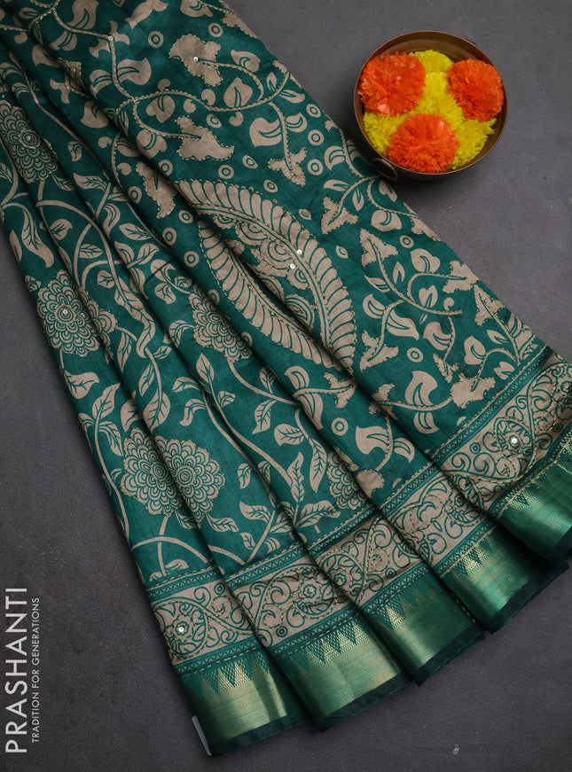 Semi tussar saree teal green with allover prints & kantha stitch work and zari woven border